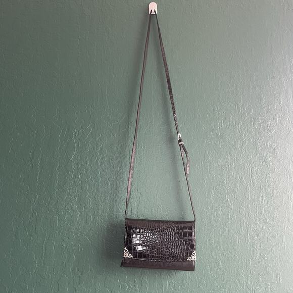 BRIGHTON Black Leather Organizer Wallet Crossbody Croc-embossed Elegant Western - Picture 14 of 15